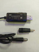 CONVERTIDOR DE VOLTAJE DE USB A PLUG 2.5mm CON ADAPTADOR 1.35mm ENTRADA 5VCD SALIDA 9 -12 VCD 1.5 Amp.                        130-017