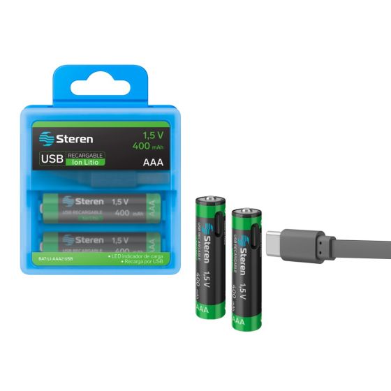 2 BATERIAS RECARGABLES POR USB C, TIPO AAA LI-ION 1.5V 400mAh.                      BAT-LIAAA2 USB