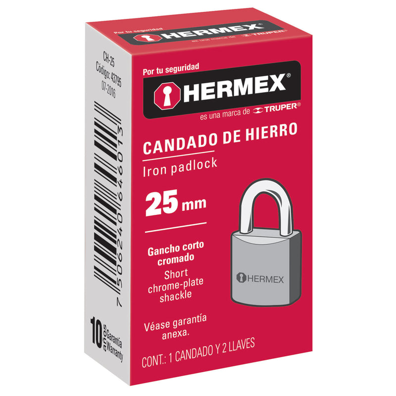CANDADO DE HIERRO 25mm GANCHO CORTO EN CAJA