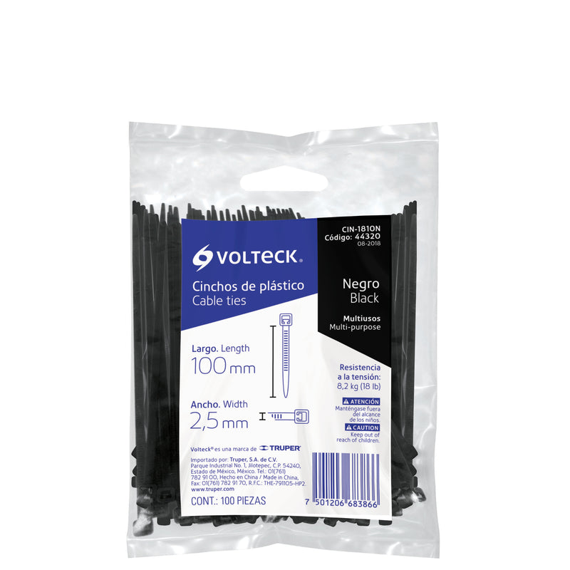 100 PZA CINCHO DE PLASTICO NEGRO 100 X 25 mm DE LARGO.                    CIN-1810N.