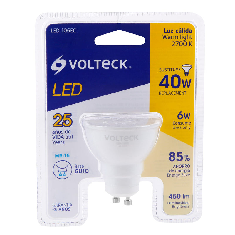 LAMPARA DE LED 6W TIPO MR 16 BASE GU10 LUZ DE DIA 450lm 110VAC.                           LED-106EC.
