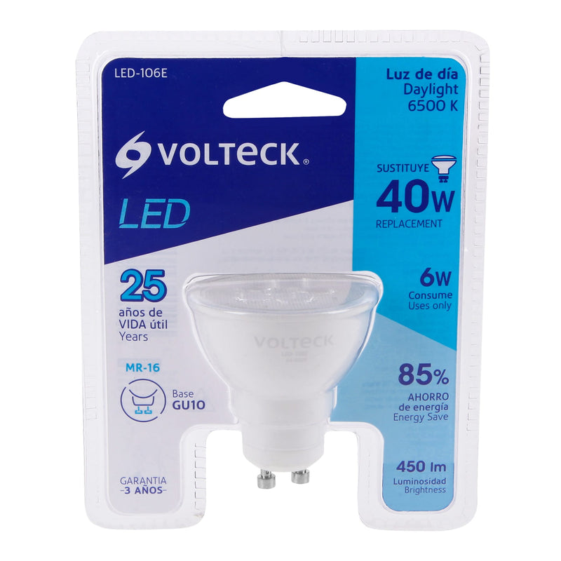 LAMPARA DE LED 6W TIPO MR 16 BASE GU10 LUZ DE DIA 450lm 110VAC.                               LED-106E